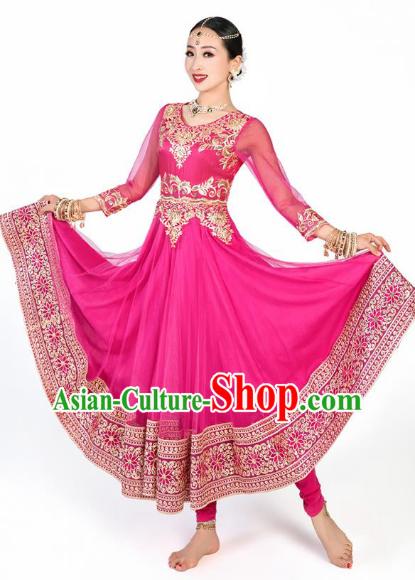 Asian India Bollywood Stage Performance Clothing Indian Traditional Dance Embroidered Rosy Anarkali Dress and Pants