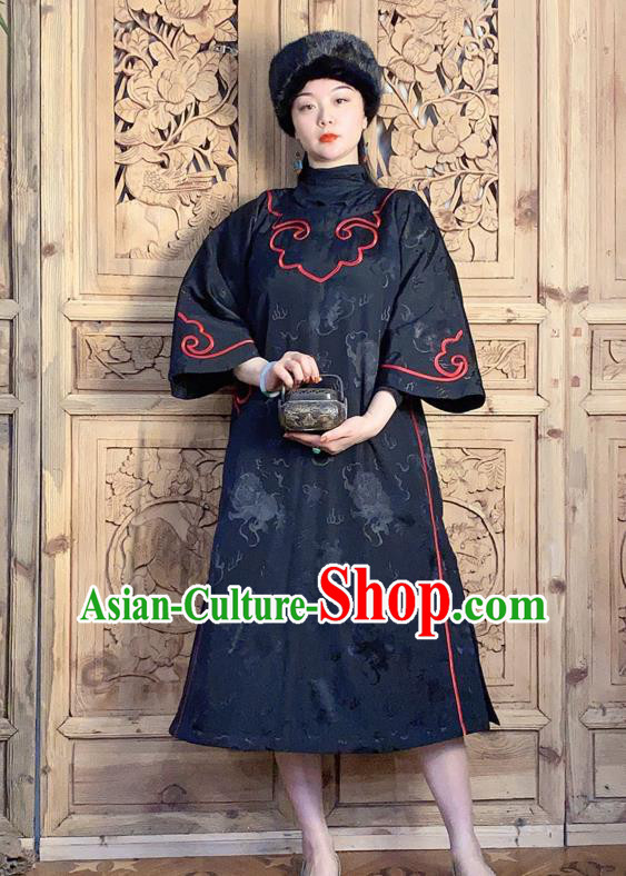 China Black Silk Qipao Dress Traditional Women Embroidered Clothing Classical Wide Sleeve Cheongsam