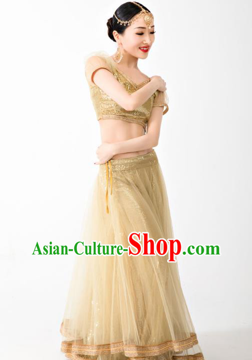 Asian India Bollywood Princess Clothing Traditional Lehenga Clothing Indian Golden Top and Veil Skirt
