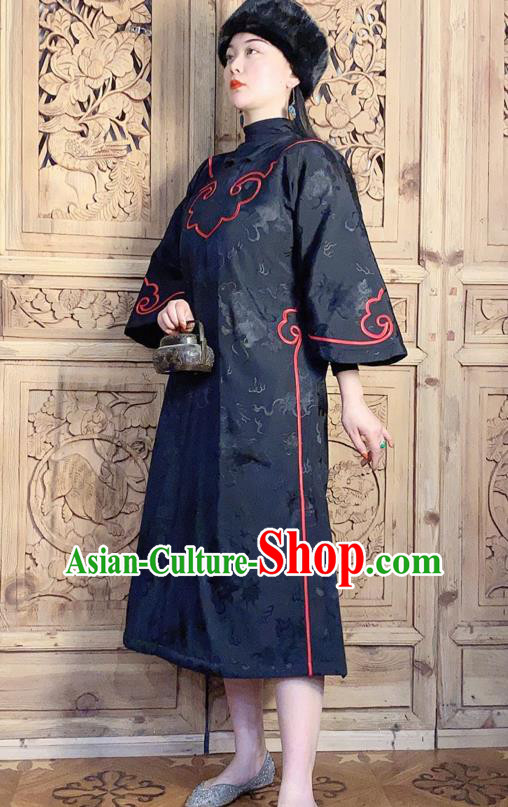 China Black Silk Qipao Dress Traditional Women Embroidered Clothing Classical Wide Sleeve Cheongsam