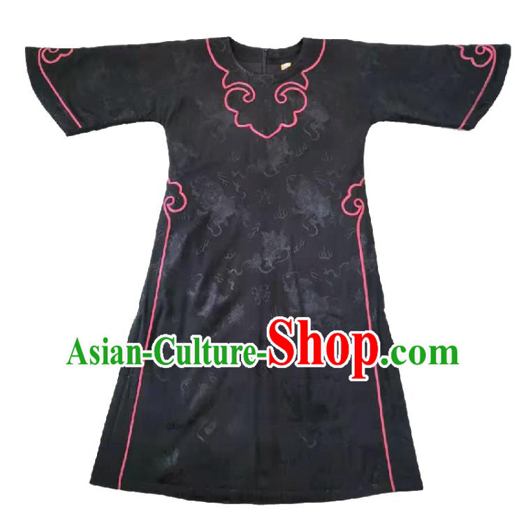 China Black Silk Qipao Dress Traditional Women Embroidered Clothing Classical Wide Sleeve Cheongsam