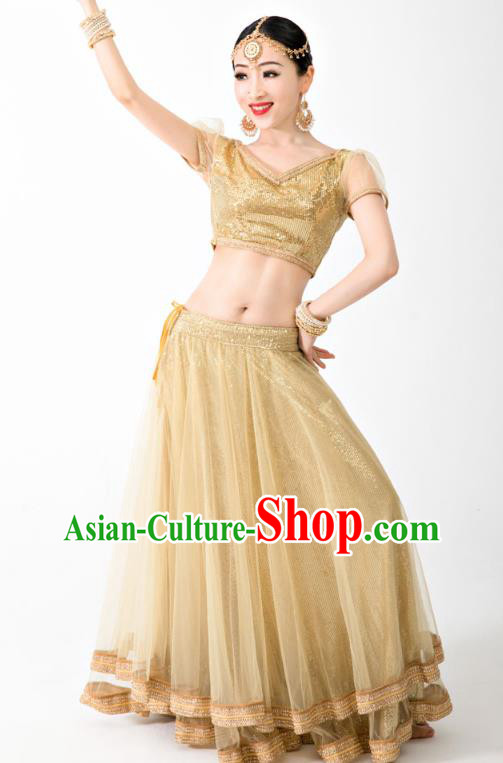 Asian India Bollywood Princess Clothing Traditional Lehenga Clothing Indian Golden Top and Veil Skirt