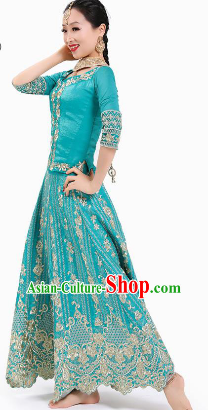 Indian Stage Performance Costumes Court Dance Blue Blouse and Skirt Asian India Traditional Embroidered Lehenga Clothing