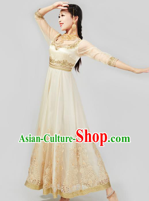 Asian India Traditional Embroidered Champagne Anarkali Dress Clothing Indian Court Beauty Costumes