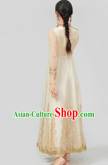 Asian India Traditional Embroidered Champagne Anarkali Dress Clothing Indian Court Beauty Costumes