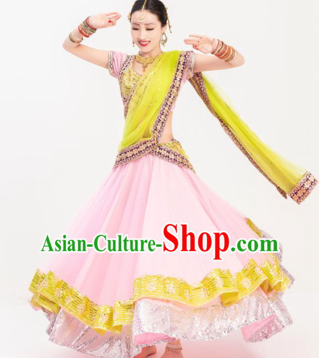 Indian Bollywood Dance Stage Performance Blouse and Pink Skirt Asian India Traditional Lehenga Clothing