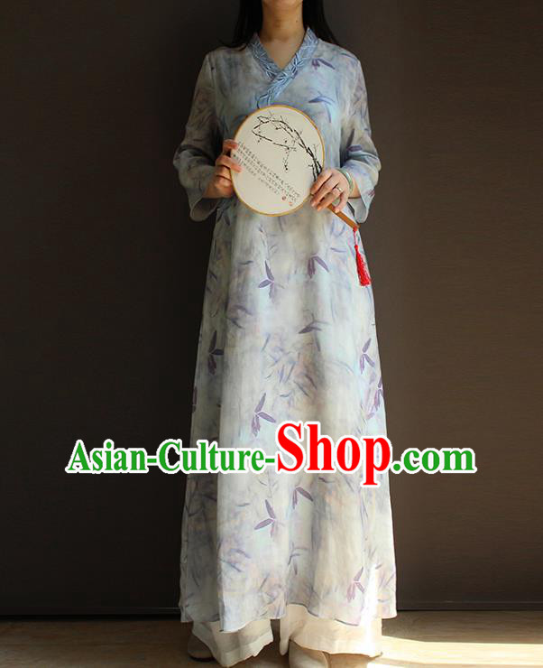 China Classical Printing Light Blue Cheongsam National Women Clothing Traditional Slant Opening Qipao Dress
