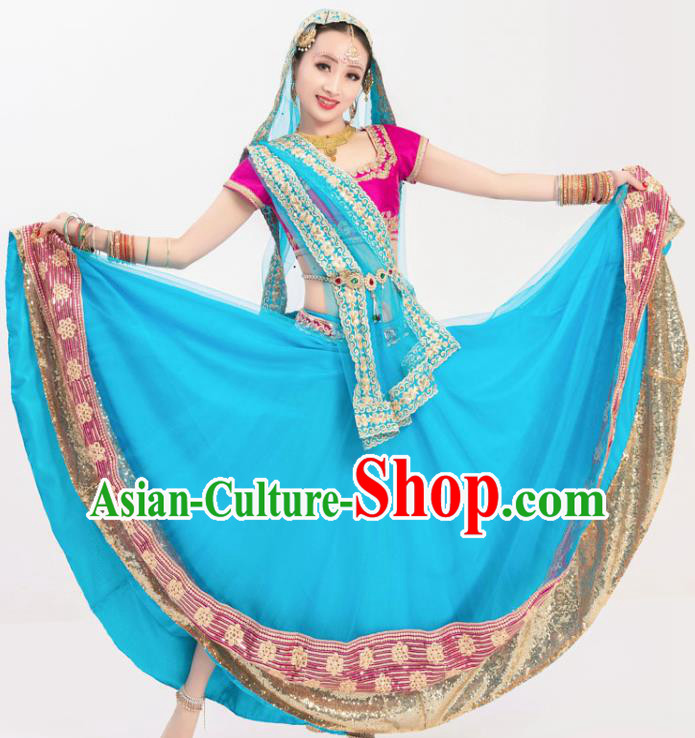 Asian India Traditional Bollywood Dance Costumes Indian Stage Performance Rosy Blouse and Blue Skirt Lehenga Clothing