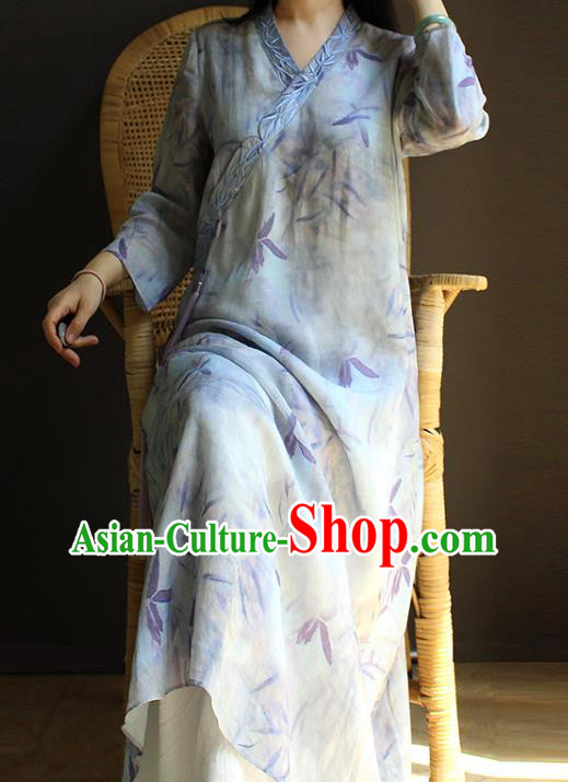 China Classical Printing Light Blue Cheongsam National Women Clothing Traditional Slant Opening Qipao Dress