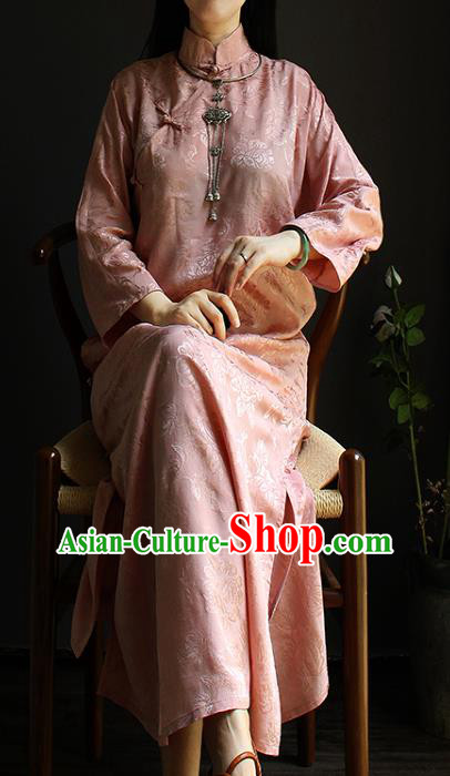 China Classical Pink Silk Cheongsam National Women Clothing Traditional Stand Collar Qipao Dress