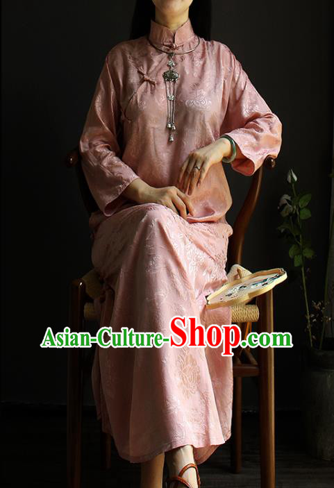 China Classical Pink Silk Cheongsam National Women Clothing Traditional Stand Collar Qipao Dress
