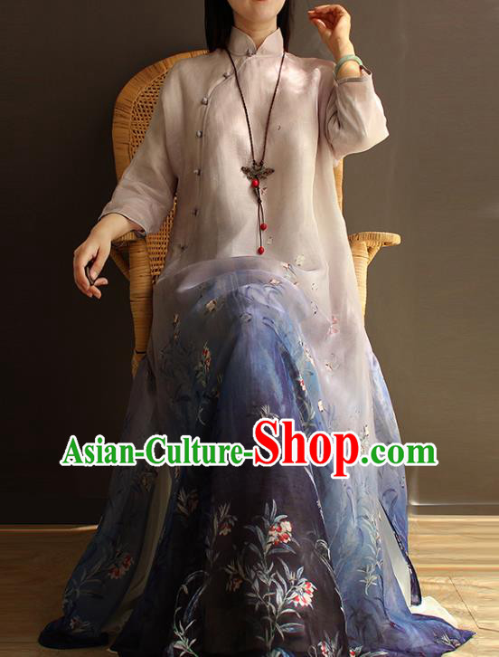 China Classical Printing Blue Silk Cheongsam Traditional Stand Collar Qipao Dress National Women Zen Clothing