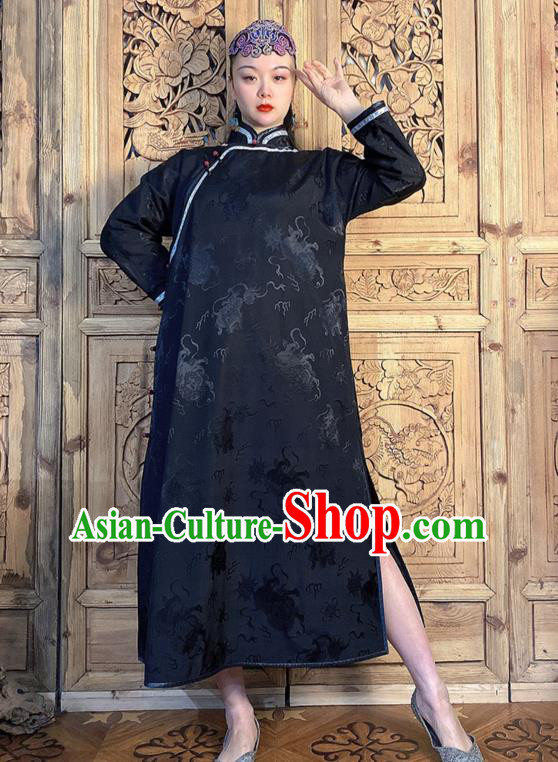 China Black Silk Qipao Dress Traditional Women Clothing Classical Kylin Pattern Cheongsam