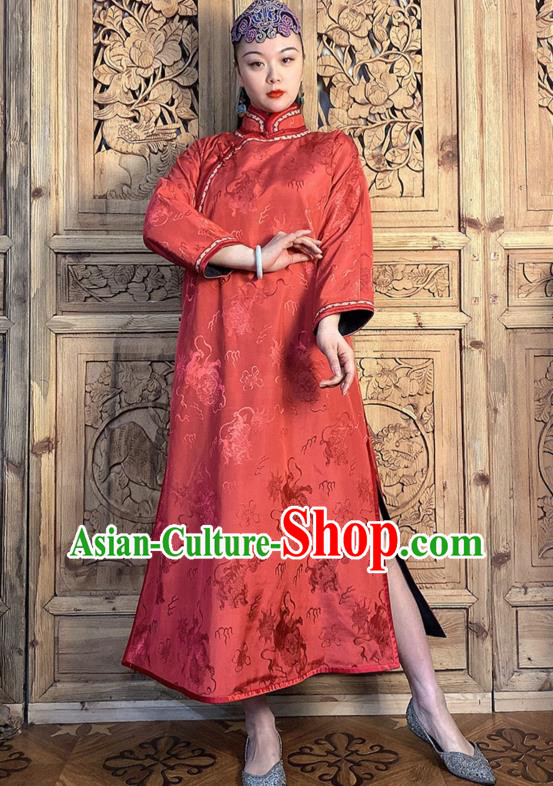 China Traditional Women Clothing Classical Kylin Pattern Cheongsam Red Silk Qipao Dress