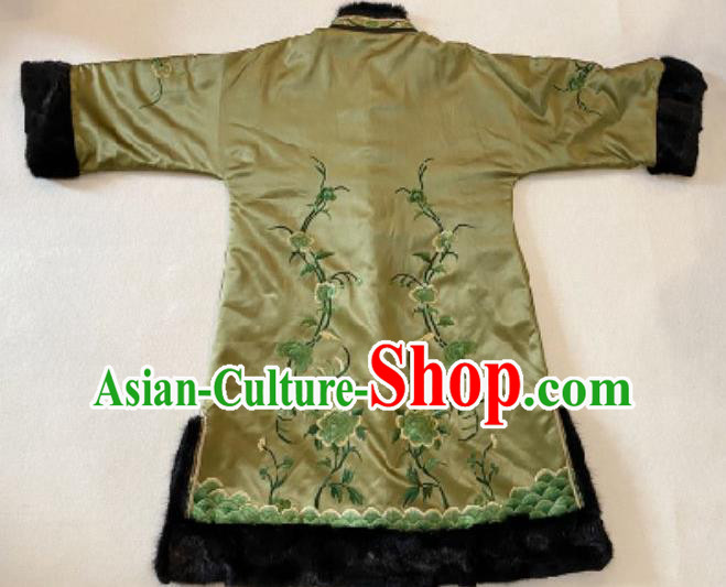 Chinese Light Green Silk Cotton Wadded Coat National Winter Costume Embroidered Peacock Peony Jacket