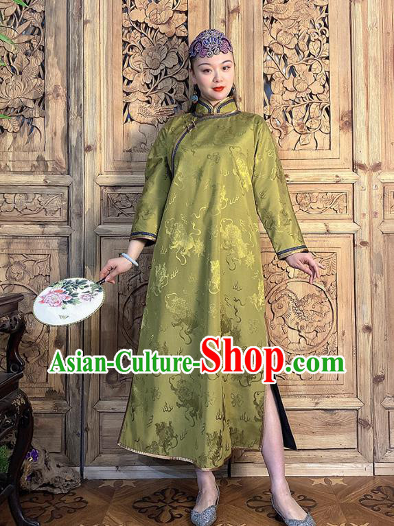 China Classical Kylin Pattern Cheongsam Light Green Silk Qipao Dress Traditional Women Clothing