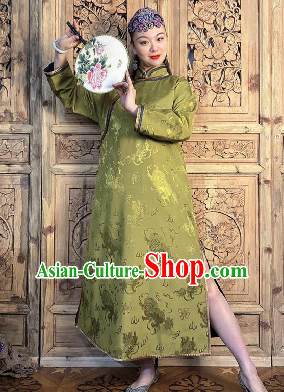 China Classical Kylin Pattern Cheongsam Light Green Silk Qipao Dress Traditional Women Clothing