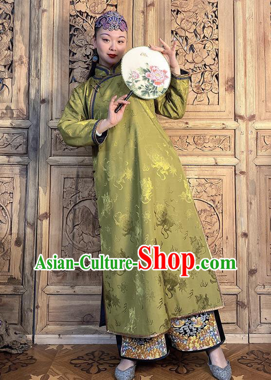China Classical Kylin Pattern Cheongsam Light Green Silk Qipao Dress Traditional Women Clothing