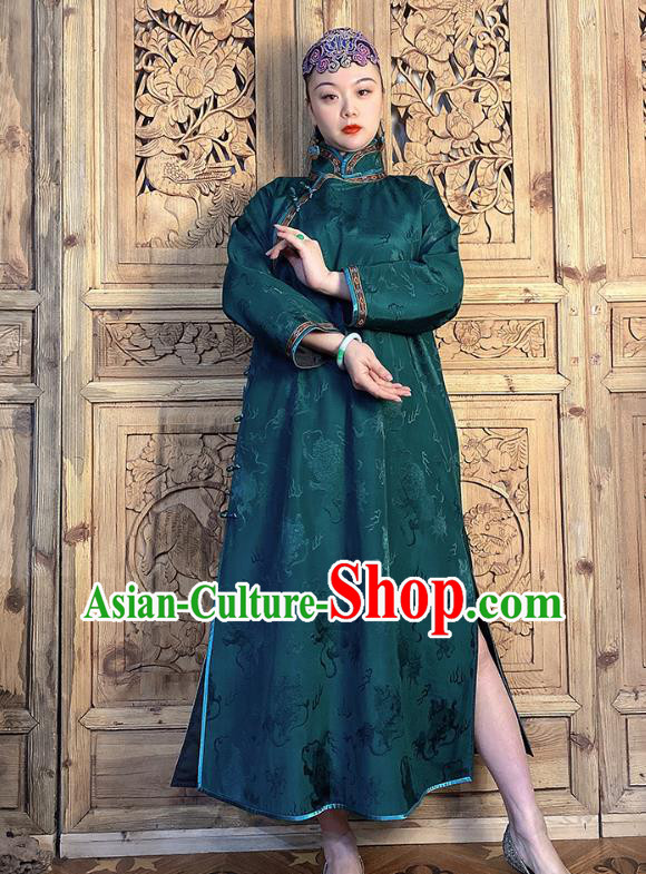 China Traditional Atrovirens Silk Qipao Dress Women Clothing Classical Cheongsam