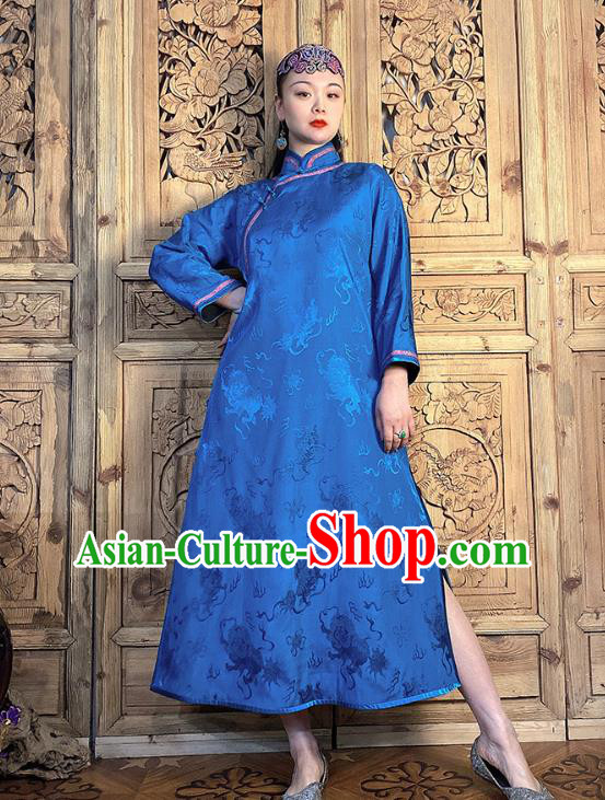 China National Women Clothing Classical Loose Cheongsam Traditional Deep Blue Silk Qipao Dress