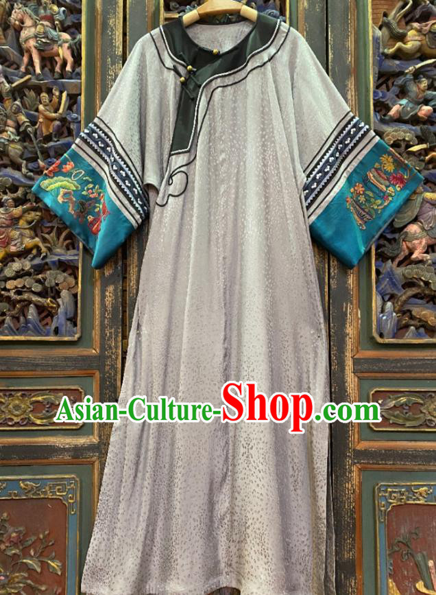 China National Women Costume Loose Cheongsam Hand Embroidered Grey Silk Qipao Dress