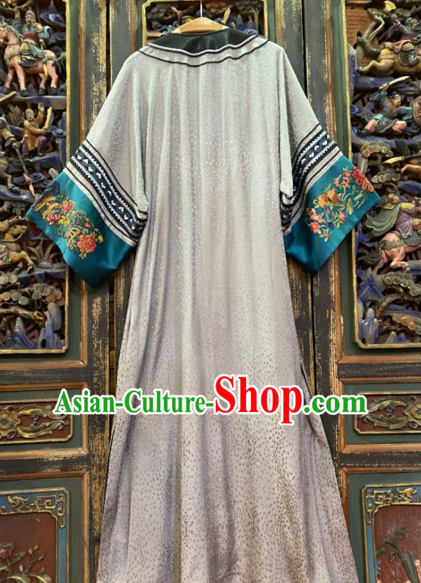 China National Women Costume Loose Cheongsam Hand Embroidered Grey Silk Qipao Dress