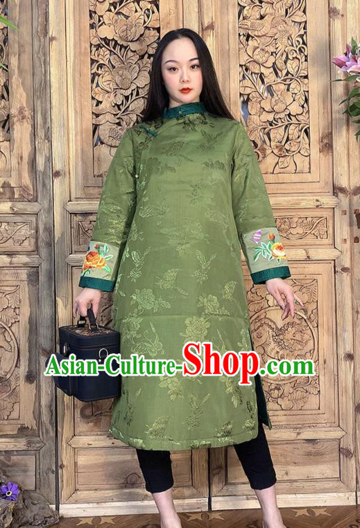 Chinese Embroidery Green Silk Long Gown Traditional Tang Suit Outer Garment Dust Coat