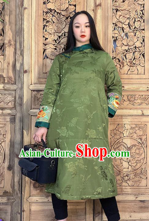 Chinese Embroidery Green Silk Long Gown Traditional Tang Suit Outer Garment Dust Coat