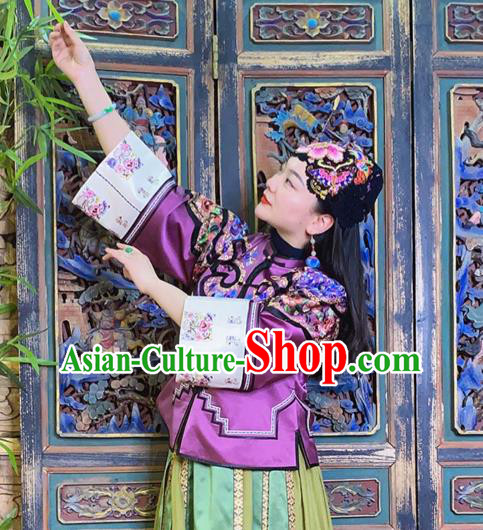 Chinese National Tang Suit Outer Garment Traditional Embroidered Purple Silk Jacket