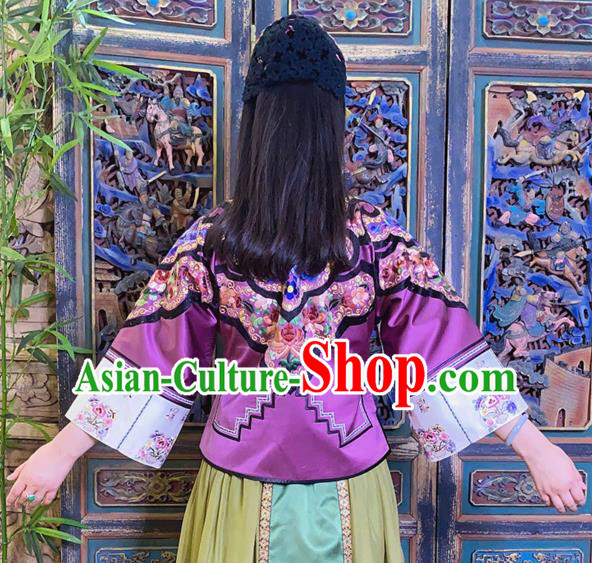 Chinese National Tang Suit Outer Garment Traditional Embroidered Purple Silk Jacket