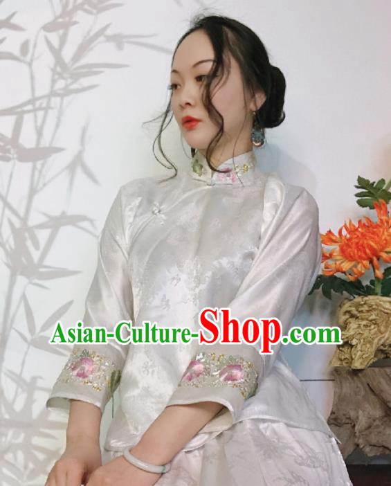 Chinese Traditional Cheongsam Shirt National Embroidered White Silk Blouse