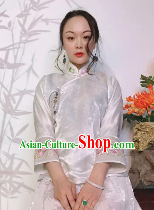Chinese Traditional Cheongsam Shirt National Embroidered White Silk Blouse