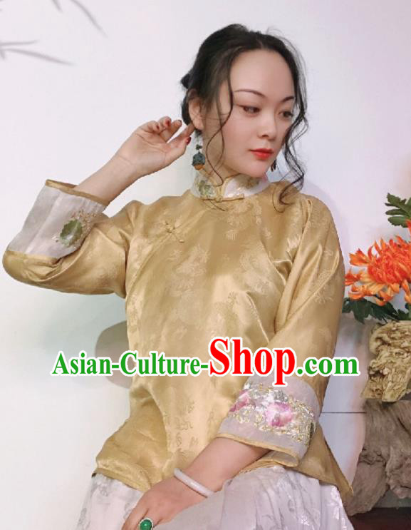 Chinese National Cheongsam Shirt Traditional Embroidered Light Golden Silk Blouse