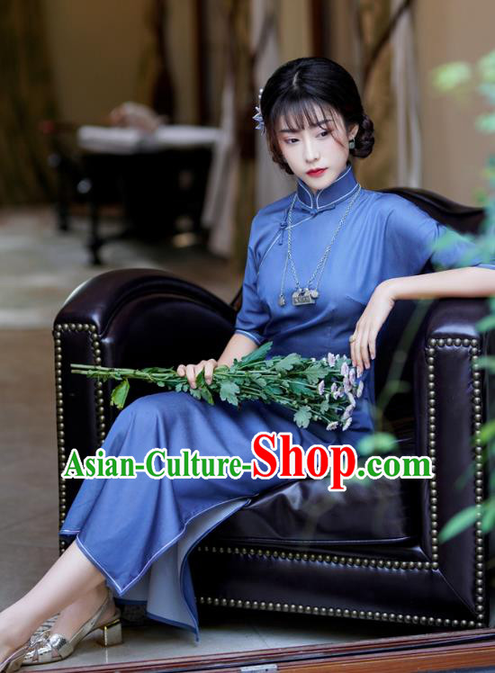 China Traditional Stand Collar Cheongsam Classical Dance Blue Qipao Dress
