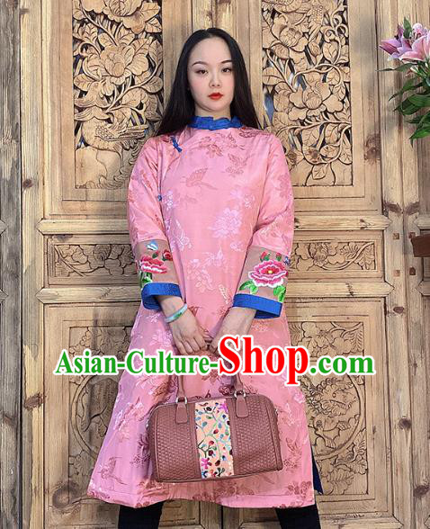 Chinese Woman Dust Coat Embroidery Pink Silk Long Gown Traditional Tang Suit Outer Garment
