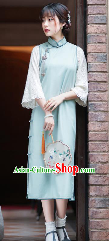 China Traditional Light Green Cheongsam Classical Lace Sleeve Qipao Dress National Clothing