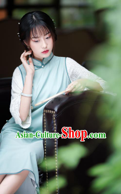 China Traditional Light Green Cheongsam Classical Lace Sleeve Qipao Dress National Clothing