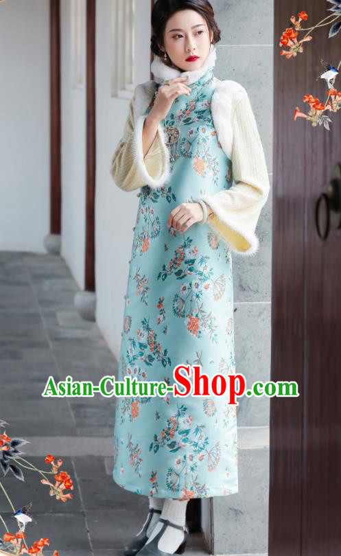 China National Winter Clothing Traditional Light Blue Cheongsam Classical Printing Qipao Dress