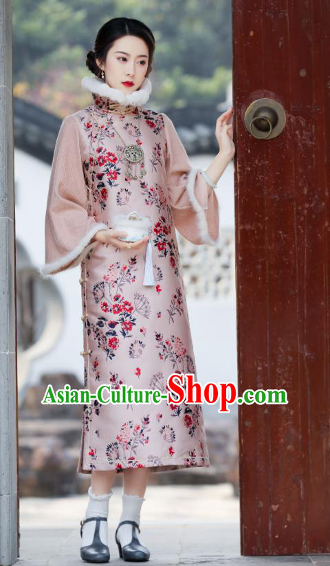 China Classical Printing Qipao Dress National Winter Clothing Traditional Pink Cheongsam