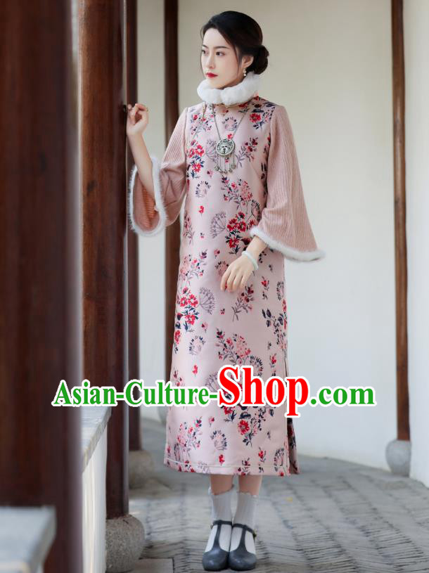 China Classical Printing Qipao Dress National Winter Clothing Traditional Pink Cheongsam