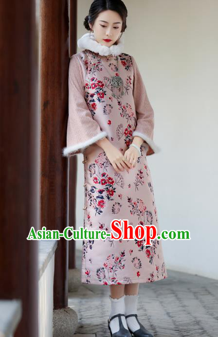 China Classical Printing Qipao Dress National Winter Clothing Traditional Pink Cheongsam