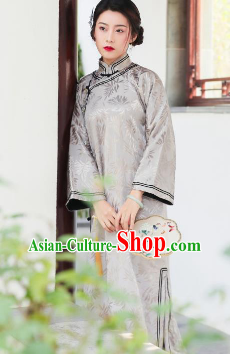 China Classical Grey Silk Qipao Dress National Winter Clothing Traditional Young Mistress Cheongsam