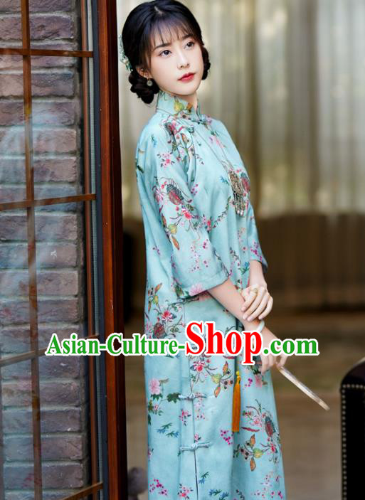 China Classical Green Qipao Dress National Retro Clothing Traditional Printing Flowers Cheongsam