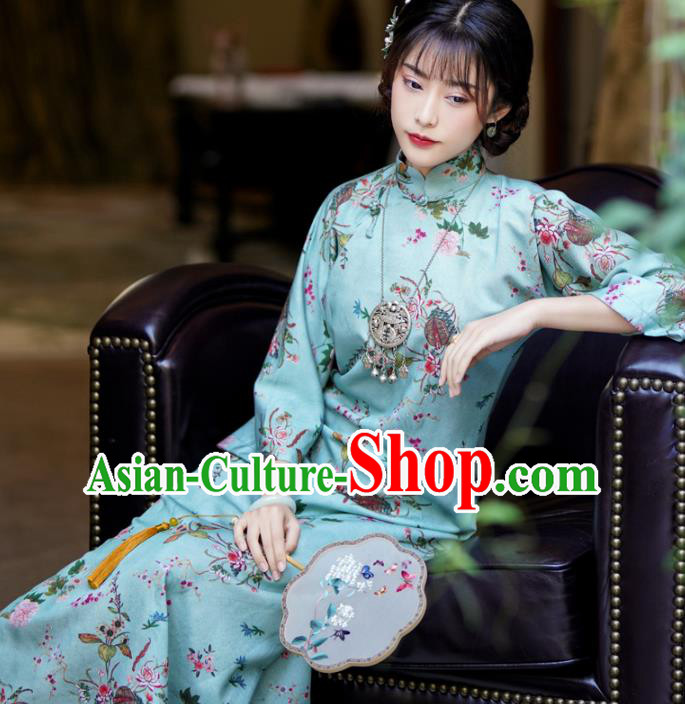 China Classical Green Qipao Dress National Retro Clothing Traditional Printing Flowers Cheongsam