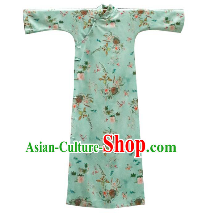 China Classical Green Qipao Dress National Retro Clothing Traditional Printing Flowers Cheongsam