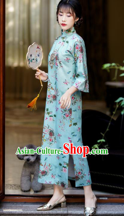 China Classical Green Qipao Dress National Retro Clothing Traditional Printing Flowers Cheongsam