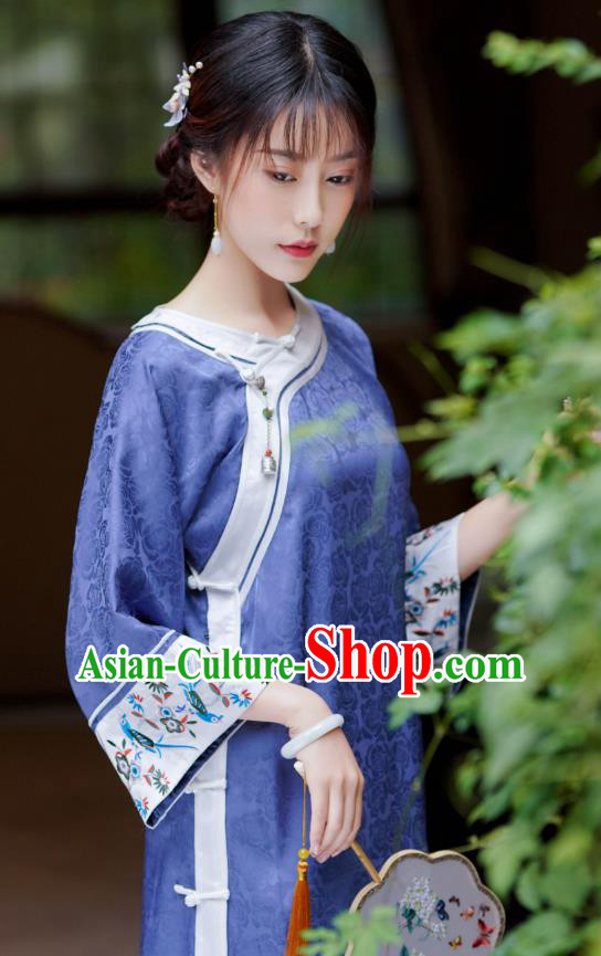 China National Young Women Clothing Traditional Deep Blue Silk Cheongsam Classical Slant Opening Qipao Dress