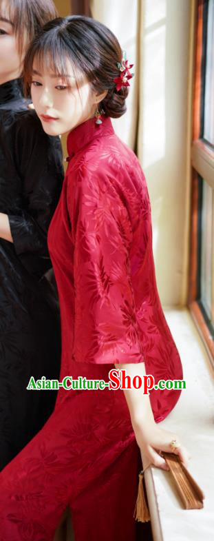 China Red Silk Cheongsam Traditional Stand Collar Qipao Dress Classical Wedding Clothing
