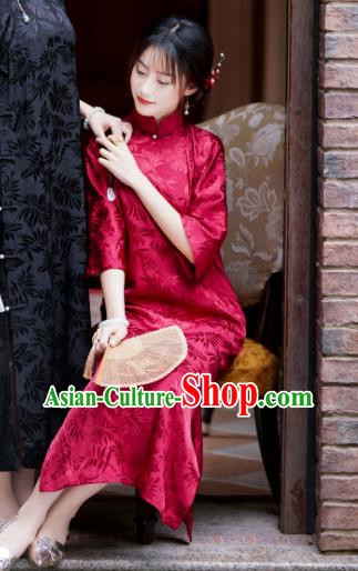 China Red Silk Cheongsam Traditional Stand Collar Qipao Dress Classical Wedding Clothing