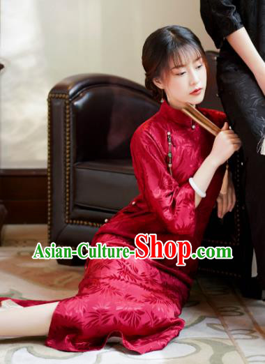 China Red Silk Cheongsam Traditional Stand Collar Qipao Dress Classical Wedding Clothing